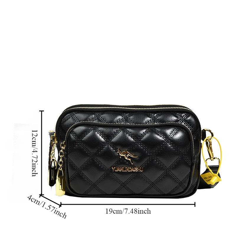 Leather Crossbody Bag Argyle Pattern With Multiple Pockets — Black | KIMLUD
