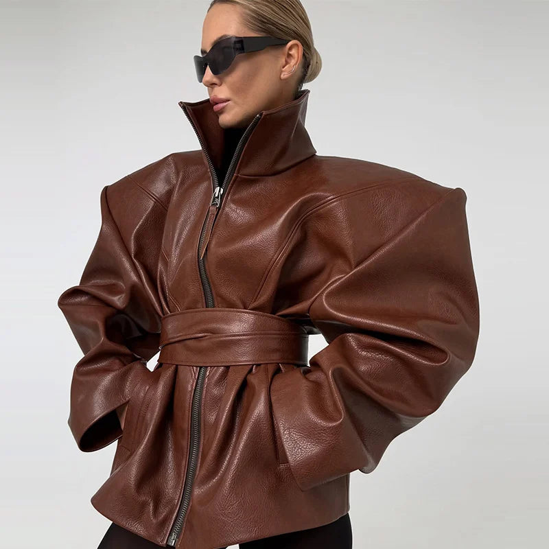 Casual Pu Leather Loose Women Jacket Belt Full Sleeve Stand Collar Zippers Female Coat 2026 Spring Autumn Lady Streetwears
