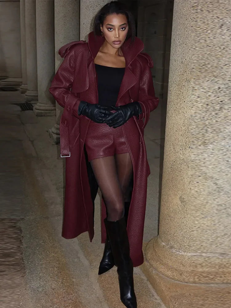Y2k Street Long Leather Jacket Women Double Breasted Lapel Lace Up Female Coat 2025 Fashion Spring Full Sleeve Belt Lady Outwear