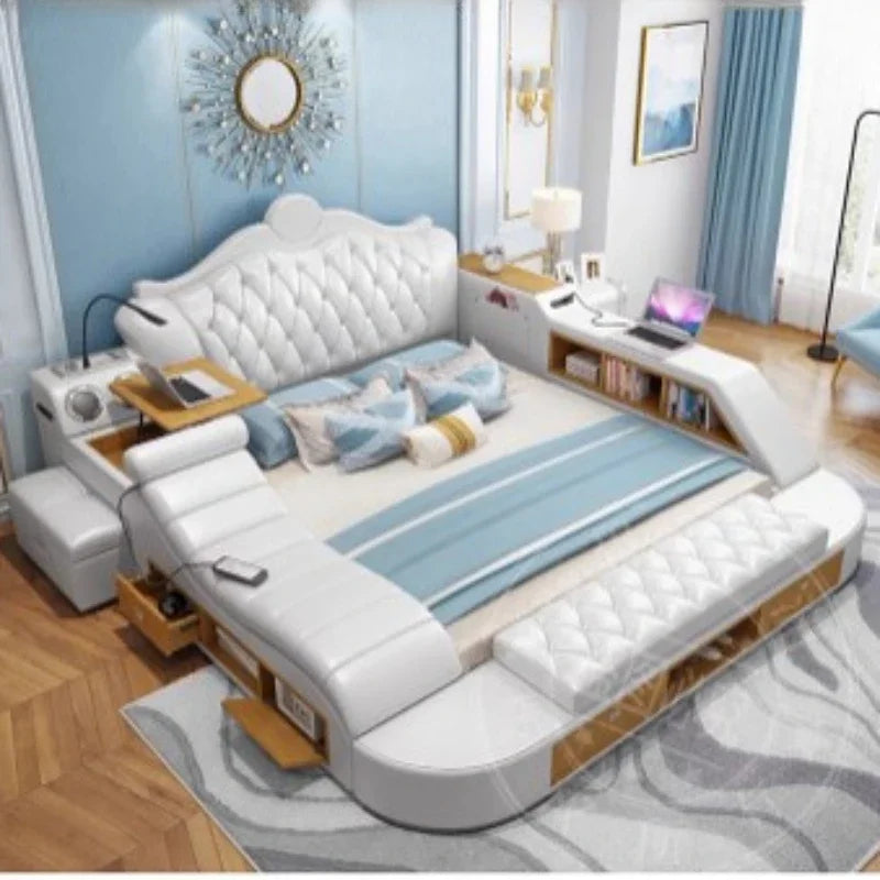 Solid Wood Headboard Storage Bed With Drawers — Ivory White | KIMLUD