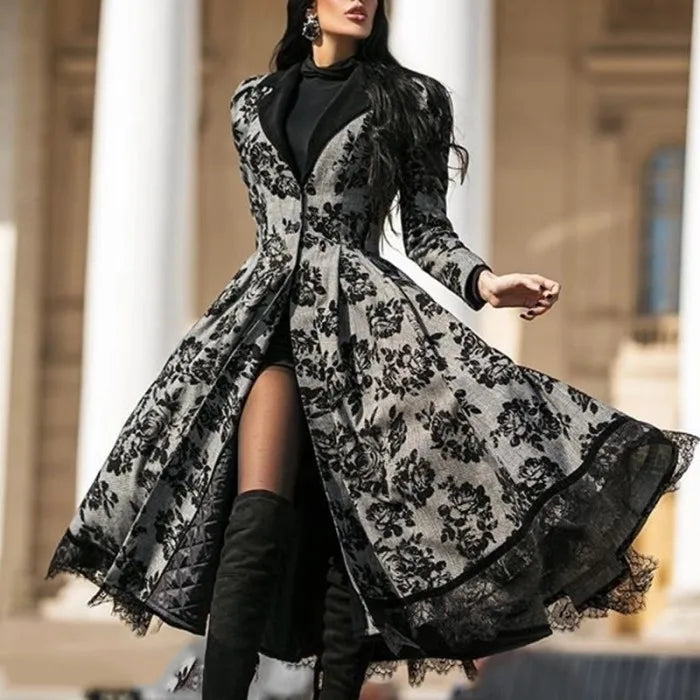 Women New Vintage Print Splicing Lace Trench Coats Autumn Long Sleeve Button Coat Female Casual Big Swing Fashion Party Jackets