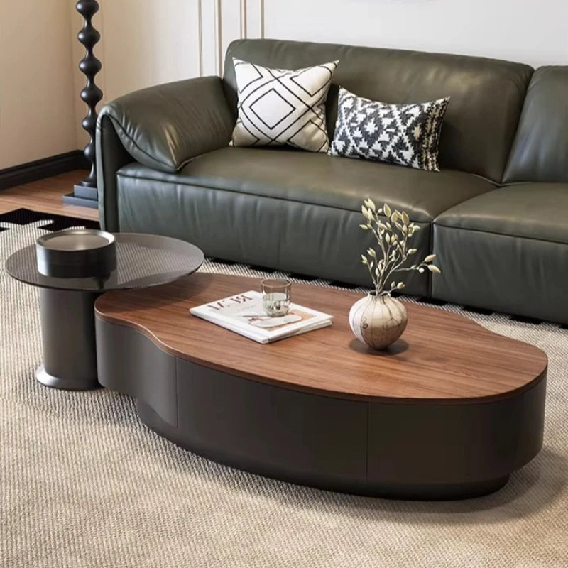 Solid Wood Minimalist Modern Coffee Table With Integrated Storage And Sculpted Edges — Walnut | KIMLUD