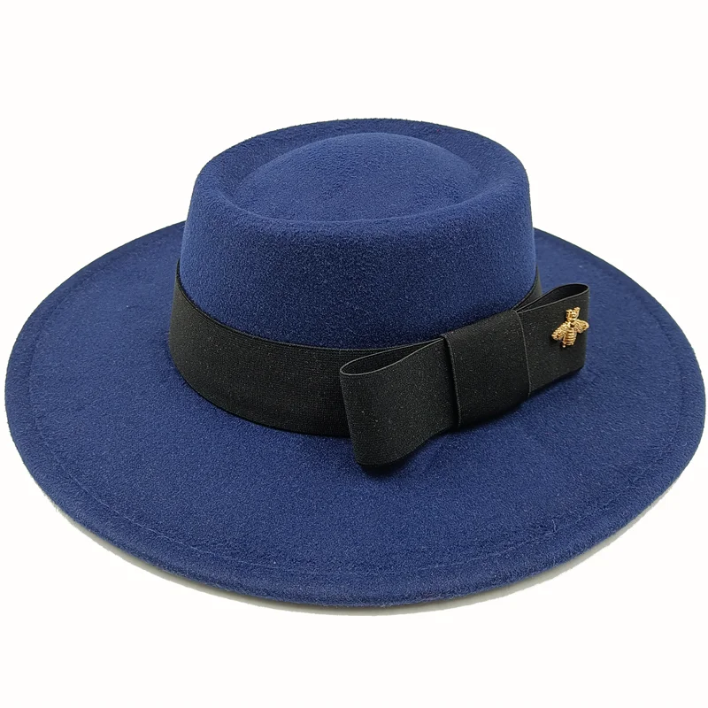 KIMLUD, Wholesale Fedora hats Winter round concave convex surface flat top bow elastic ribbon men&#39;s and women&#39;s felt jazz hats Fedora, 21 / China / 56-58cm, KIMLUD Womens Clothes
