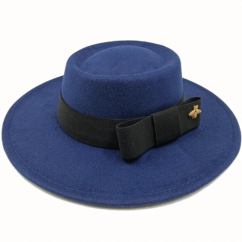 Wholesale Fedora hats Winter round concave convex surface flat top bow elastic ribbon men&#39;s and women&#39;s felt jazz hats Fedora - KIMLUD