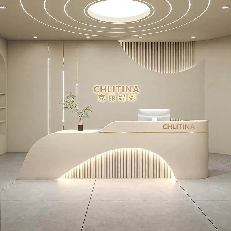 Simple Modern Front Reception Desk Curved Silhouette — White | KIMLUD