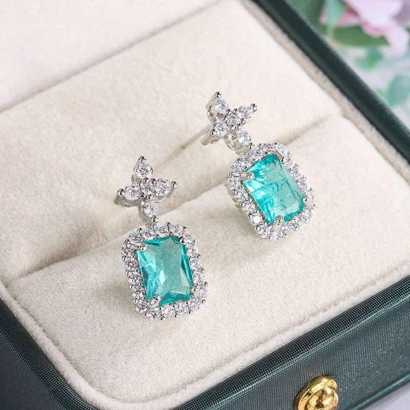 Sterling Silver Geometric Stud Earrings AAAA Zircon — Green | KIMLUD