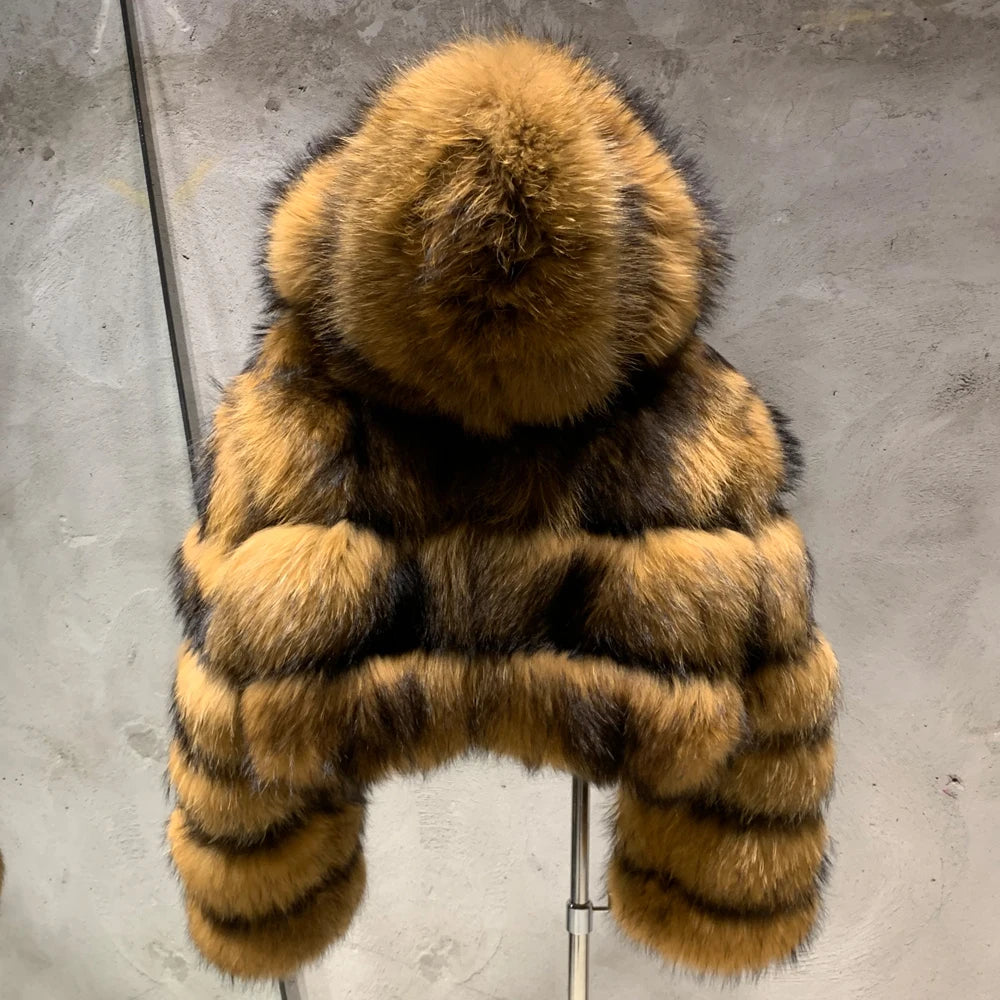 Women's Full Pelt Real Fox Fur Hooded Jackets, Long Sleeve Outwear, Winter Bomber, Female, 902