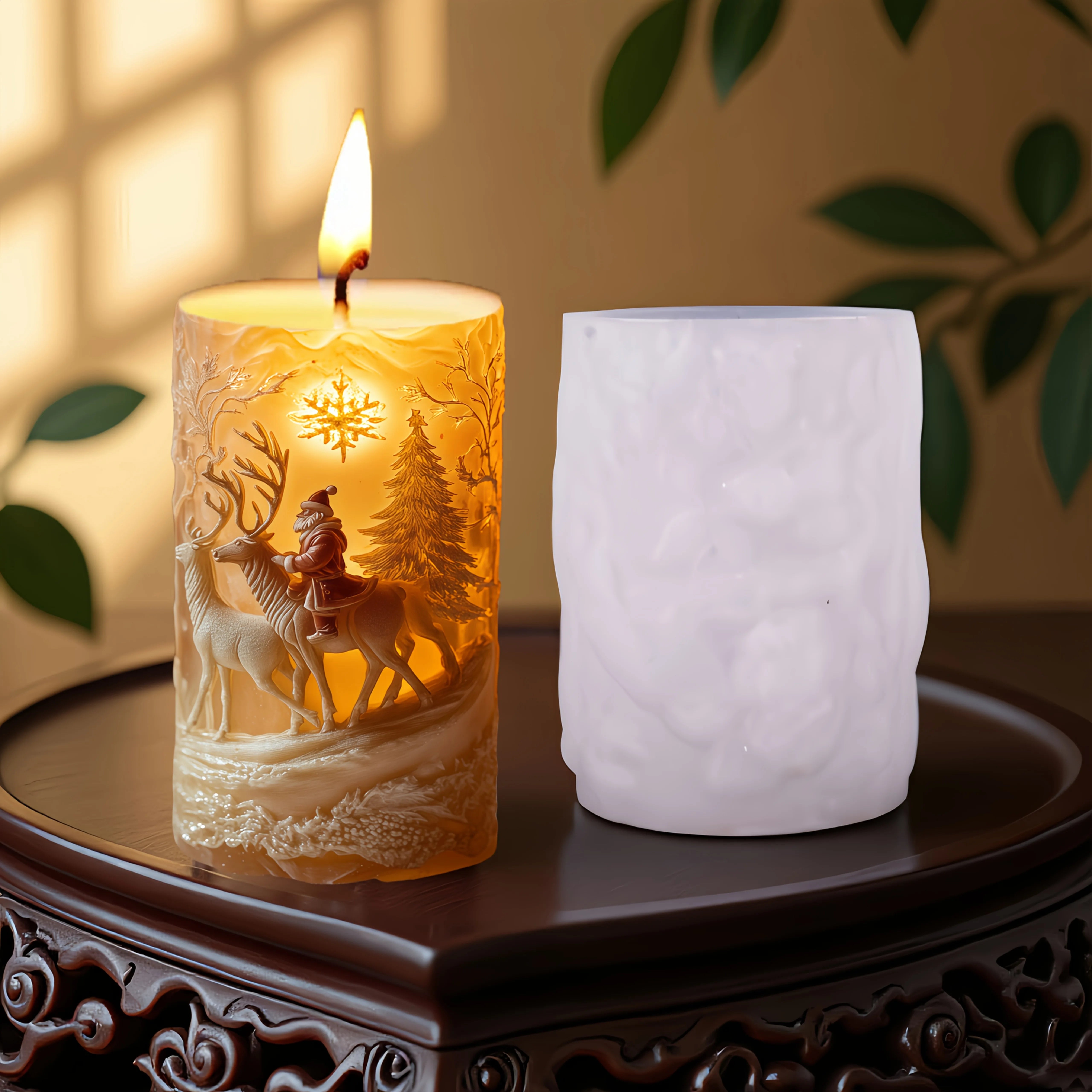 KIMLUD, 3DReindeer riding Santa Claus relief cylindrical candle silicone mold Christmas tree snowflake snow forest reindeer resin molds, KIMLUD Womens Clothes