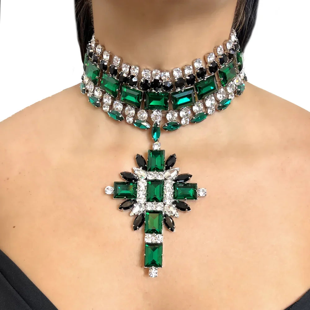 Green Corss Pendant Choker Bridal Collar Charms Party Accessories Statement Necklace Rhinestone Jewelry Pendant Wholesale Gift - KIMLUD