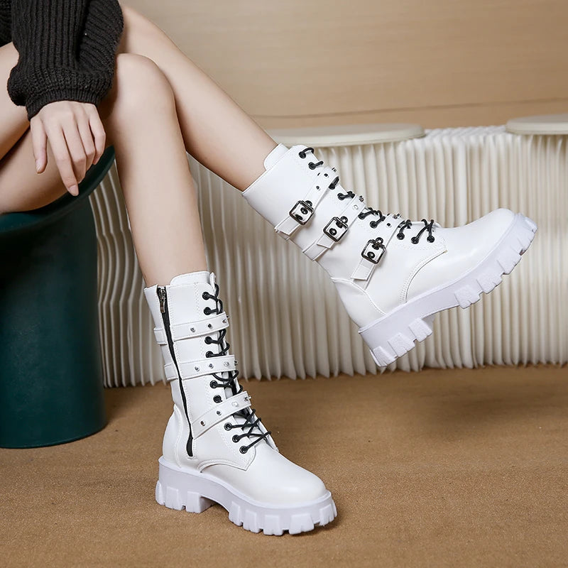 KIMLUD, WOMEN ANKLE BOOTS Goth Boots Woman Winter 2022 Platform Shoes Sneakers Studded Belt Buckle Punk Army Chunky Heels Mid Calf Boots, KIMLUD Women's Clothes