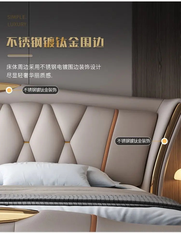 Leather Bed Frame With Lit Headboard — Ivory-Beige | KIMLUD