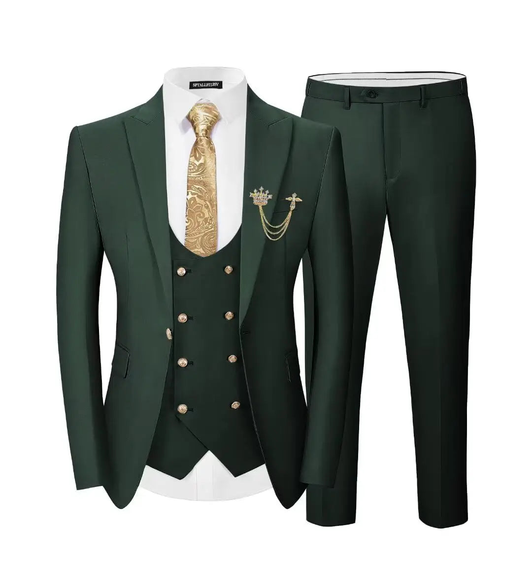 Men's 3-Piece Suit Set Classic One Gold Button Slim Fit Blazer Vest Pants Formal Business Wedding Wear