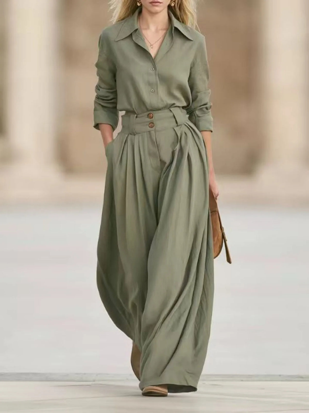 Two Piece Set – Lapel Shirt and Pleated Wide Leg Pants – Loose | KIMLUD
