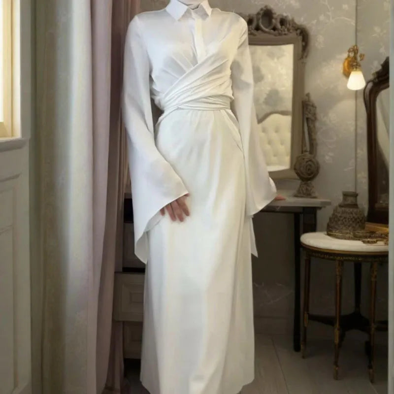 Blouse Skirt Set – Lace Up Lapel – Blended Fabric | KIMLUD