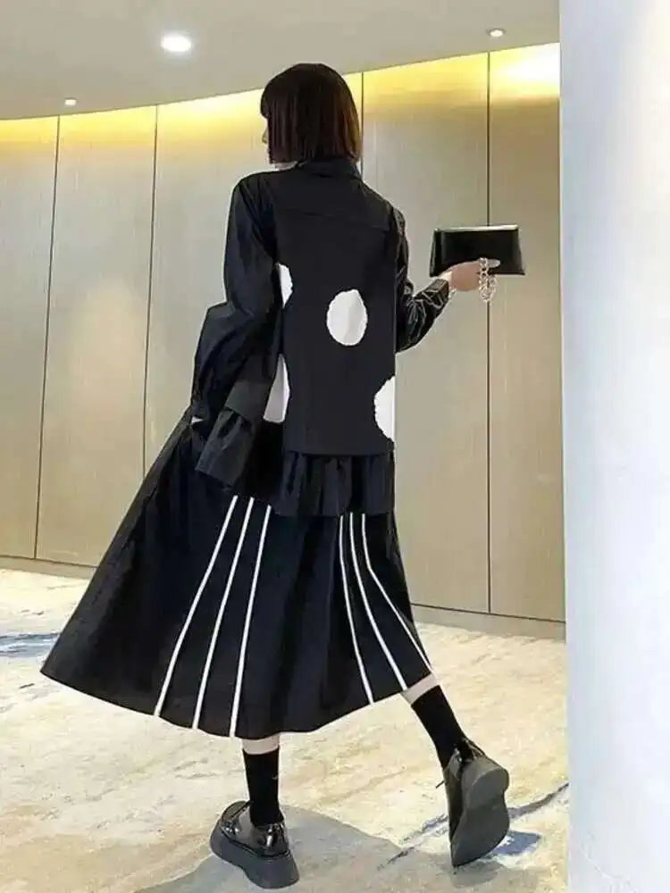 EAM Women Black Color-block Dot Big Size Blouse New Lapel Long Sleeve Large Hem Shirt Fashion Tide Spring Autumn 2024 1DH4274