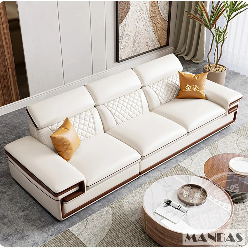 Genuine Italian Leather Sofa Set With Adjustable Headrests — Ivory | KIMLUD