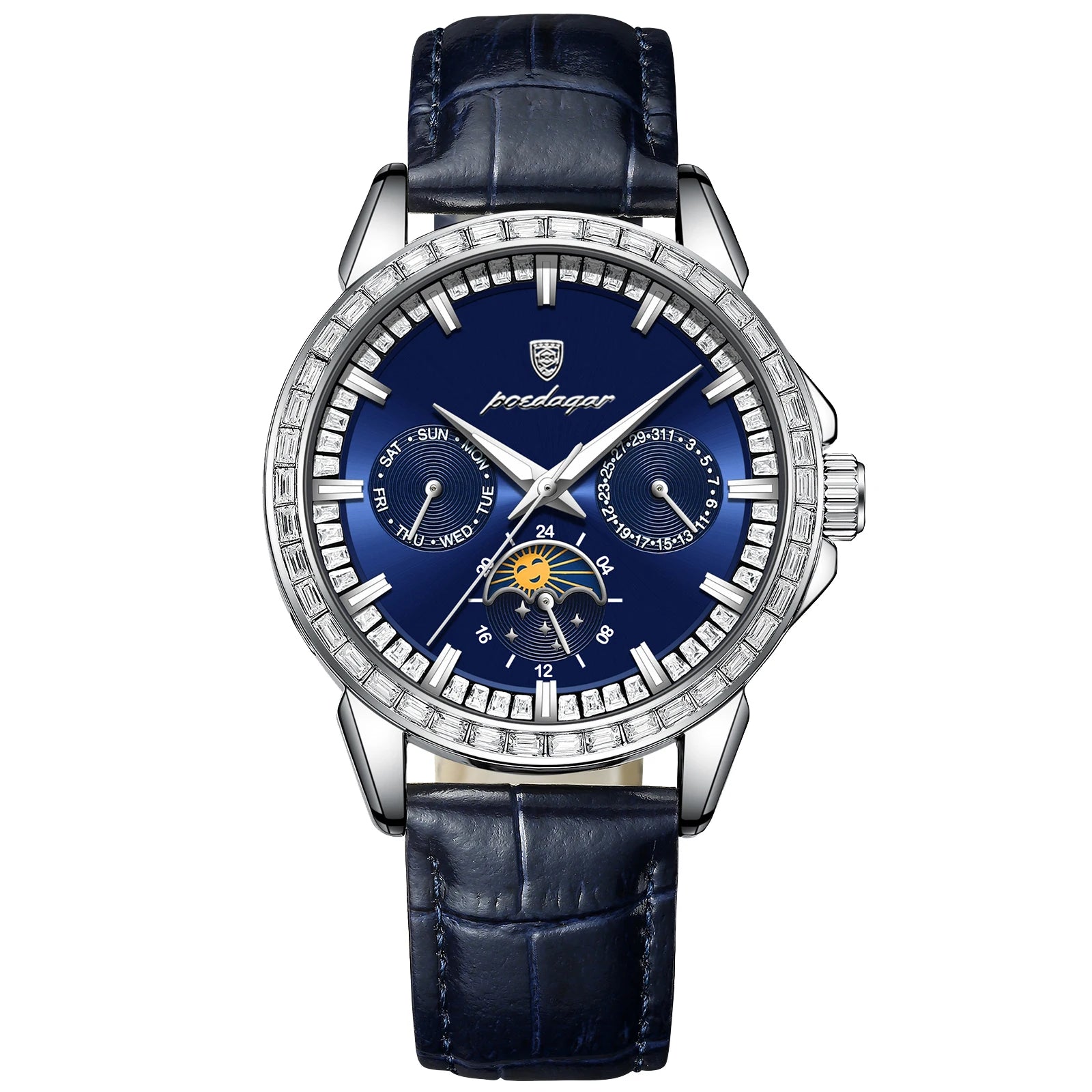 POEDAGAR Luxury Diamond Wristwatch For Men Date Week Waterproof Luminous Man Watch Fashion Business Leather Men's Quartz Watches