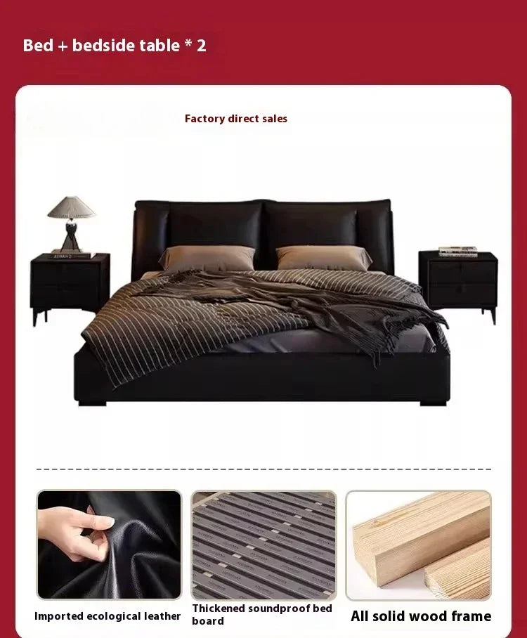 Obsidian Leather King Size Bed With Office Headboards And Frame — Black | KIMLUD