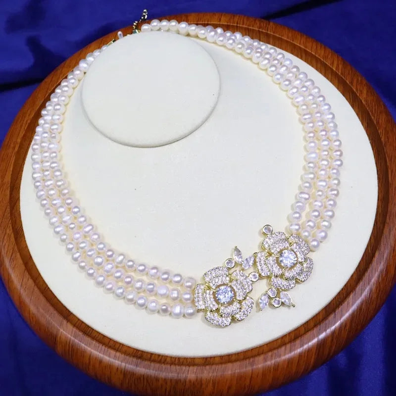 2ROWS freshwater pearl WHITE/GRAY ROUND 8-9MM necklace 24-26" FPPJ wholesale for woman gift