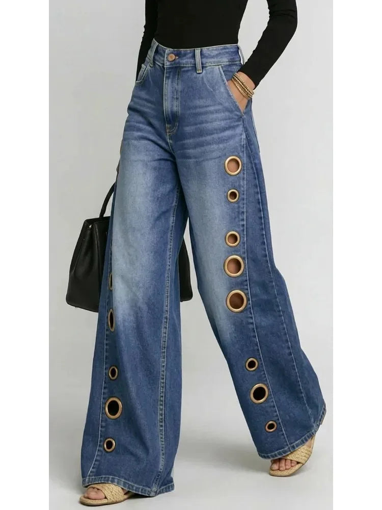 Women's Washed Blue High-Waist Metal Grommet Wide Leg Jeans 2026 Casual Loose Fit Streetwear Pants Casual Trousers