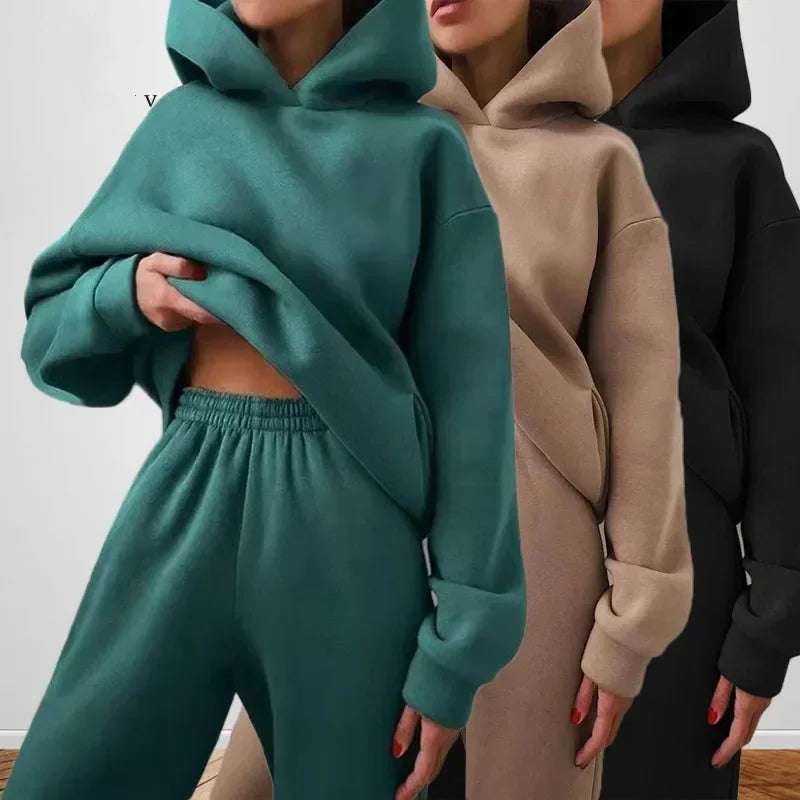 Fleece Tracksuit Two-Piece Hooded Set — Black | KIMLUD