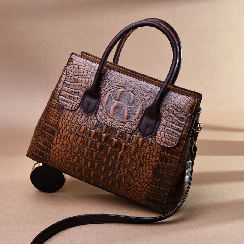 Genuine Leather Shoulder Bag Crocodile — Black | KIMLUD