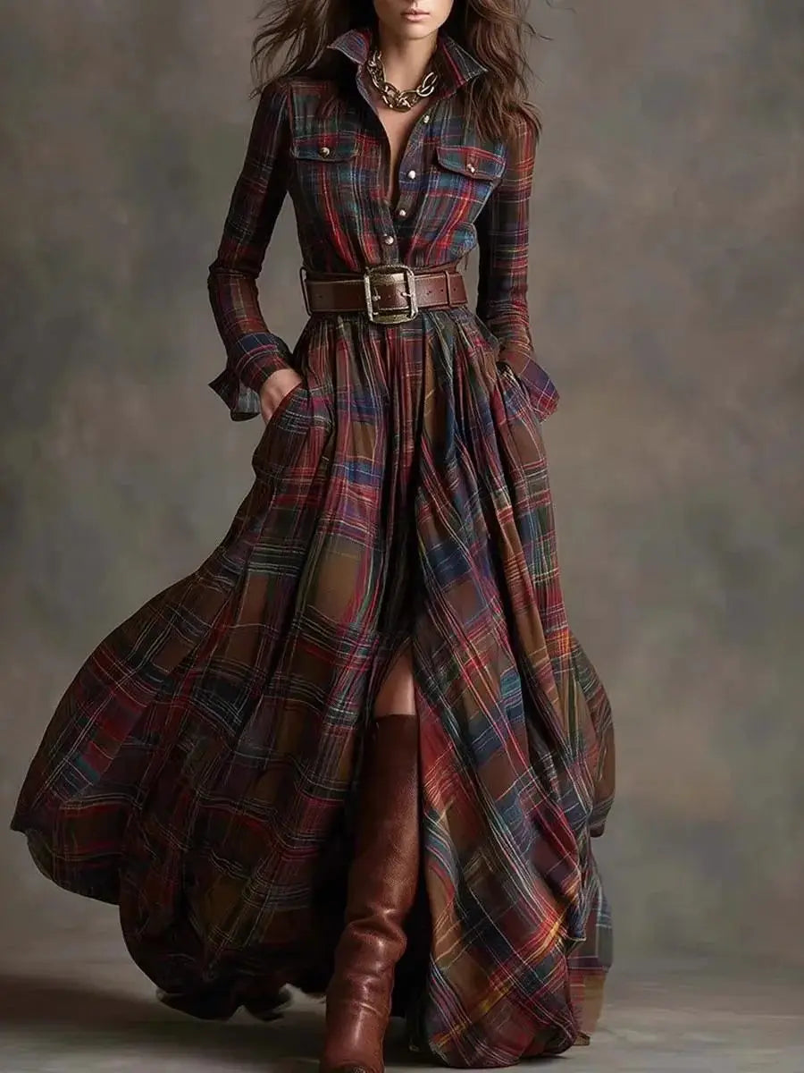 Maxi Dress – Plaid Print – Long Sleeve – Button Pocket – Polyester | KIMLUD