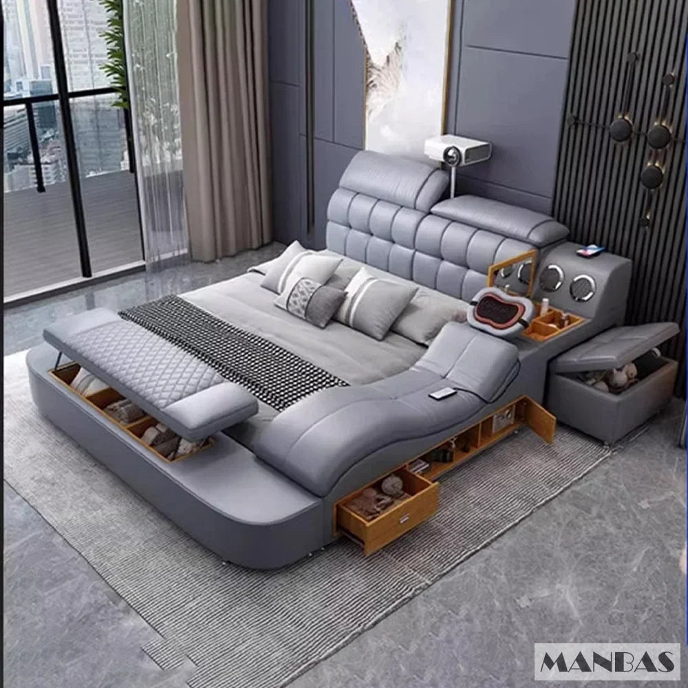 Genuine Leather King-Size Bed With USB Massage — Graphite Gray | KIMLUD