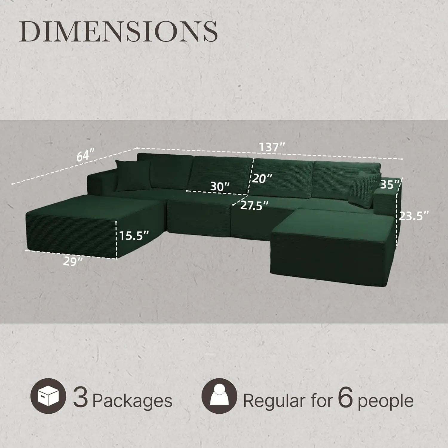 U-Shaped Modular Sofa With Chaise — Emerald Green | KIMLUD