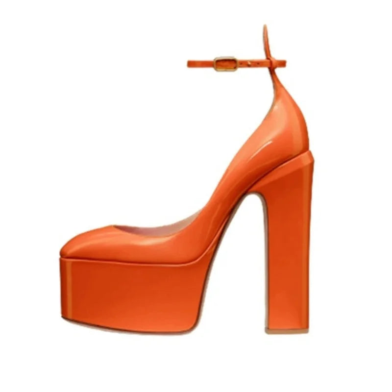 Patent Leather Platform Sandals Round Toe Ankle Buckle — Black | KIMLUD