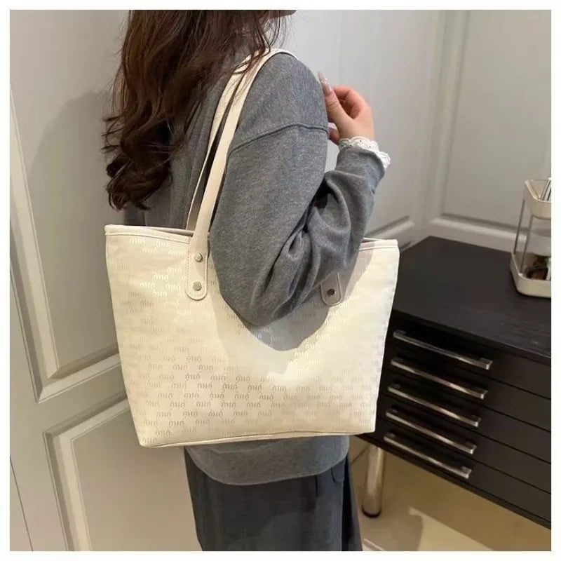 Textured Canvas Tote Handbag With Checkered Design — Black | KIMLUD