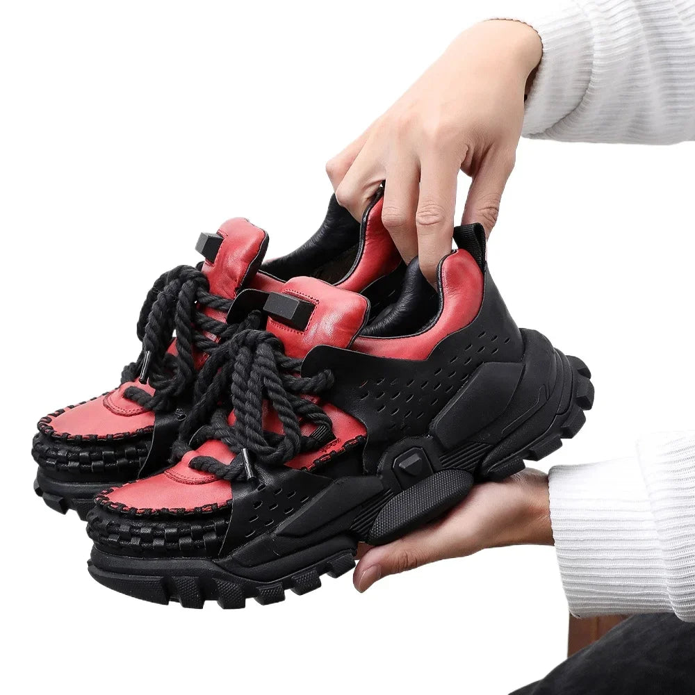 Fashion Genuine Leather Platform Ankle Motorcycle Boots Casual Chunky Walking Boots Low Cut Derby Shoes Men's Loafers Red