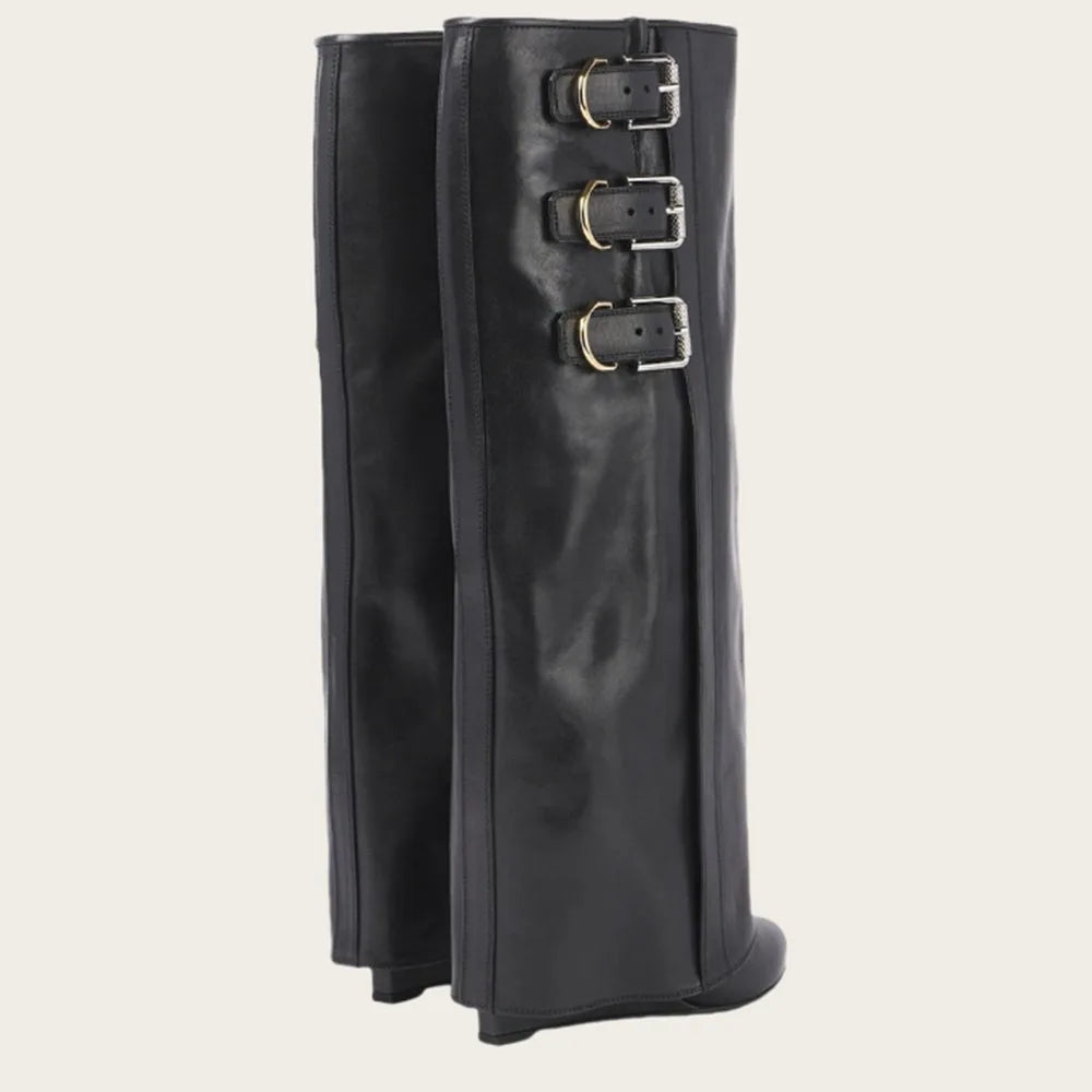Sexy Fashion Women Fold Over Boots Pointed Toe Chunky Heels Multiple Metal Buckles Knee High Boots Nightclub Luxury Shoes