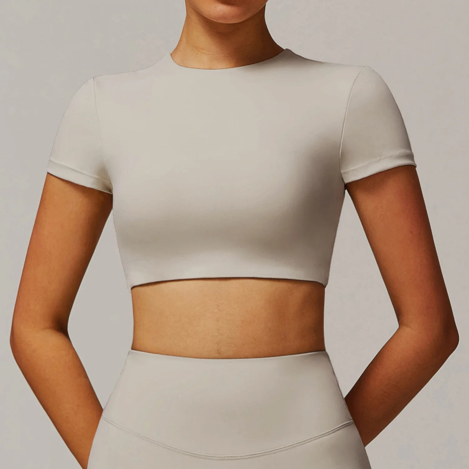 Backless Padded Yoga Crop Top Short Sleeve — Warm Sand-Beige | KIMLUD