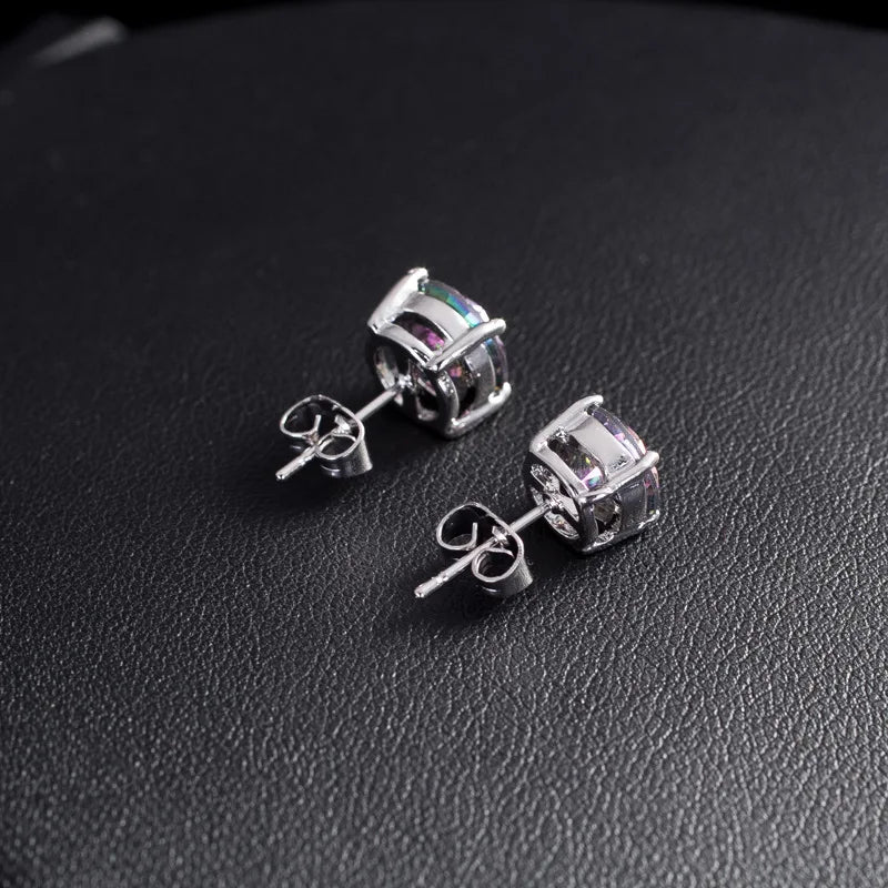 Rainbow Crystal Zircon Stud Earrings 5/6/7/8mm Round Stones — Silver | KIMLUD