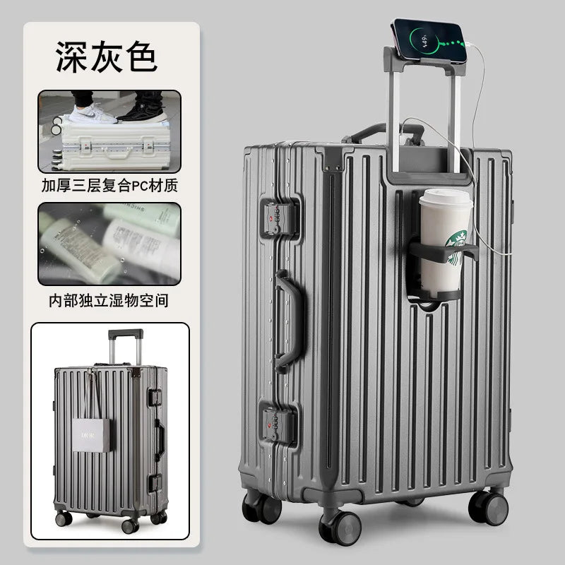 New Multifunction Suitcase with USB Charging Aluminum Frame +PC Suitcase Trip Cabin Male and Female Carrier 28/30-inch