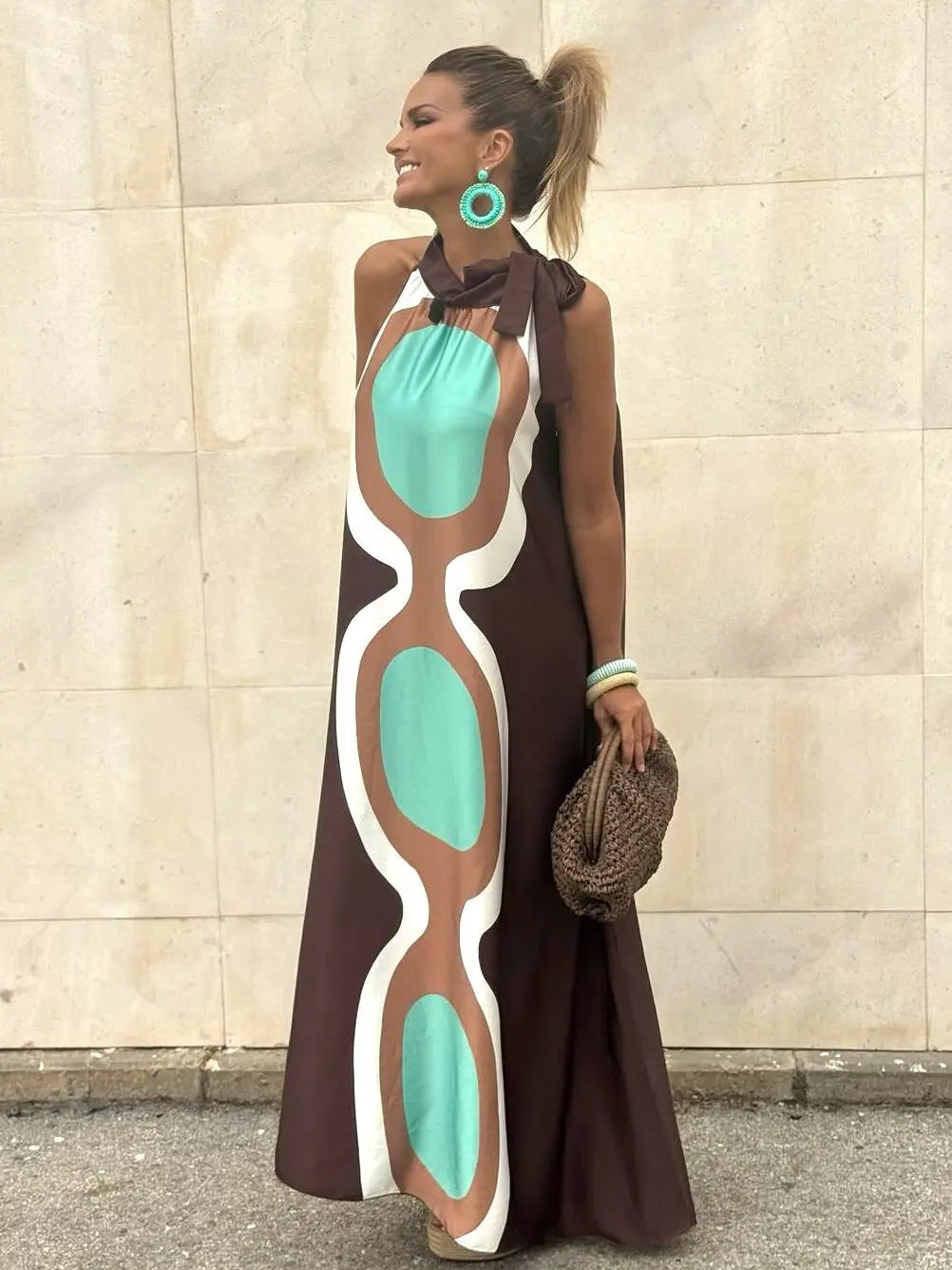 Casual Print Halter Neck Leace-up Long Dresses Women Summer New Vacation Style Loose Maxi Dress Female Vintage Commuting Vestido