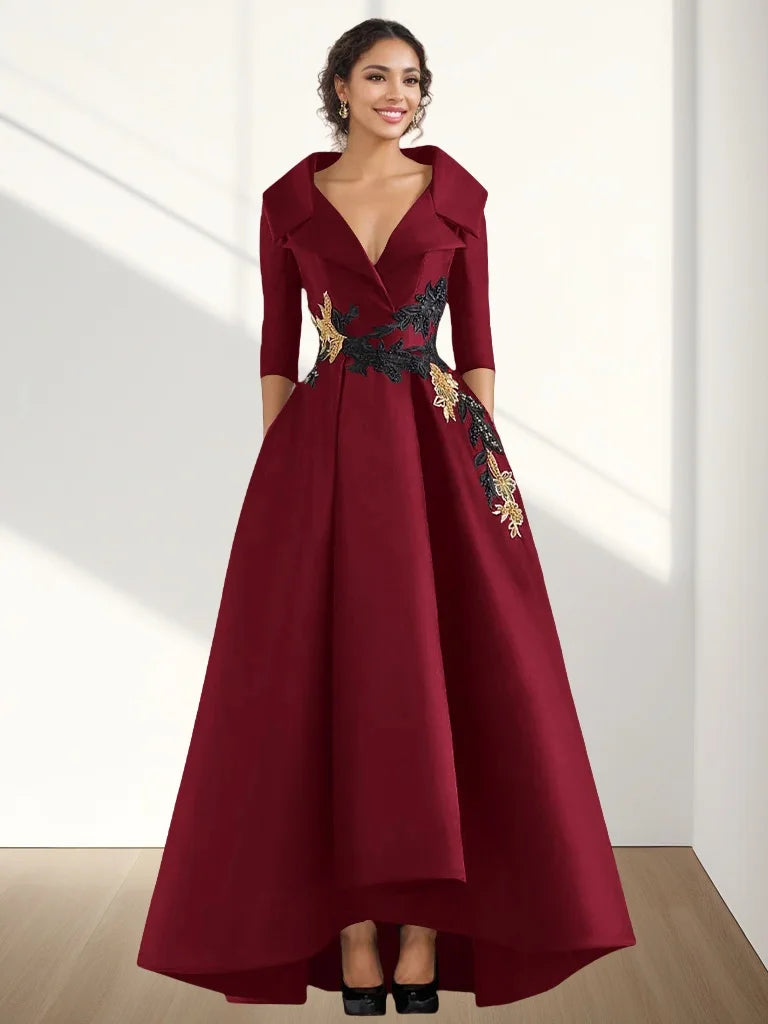 A-Line Evening Gown Vintage Elegant Dress Floor Length 3/4 Length Sleeve V Neck Satin with Beading Appliques 2024