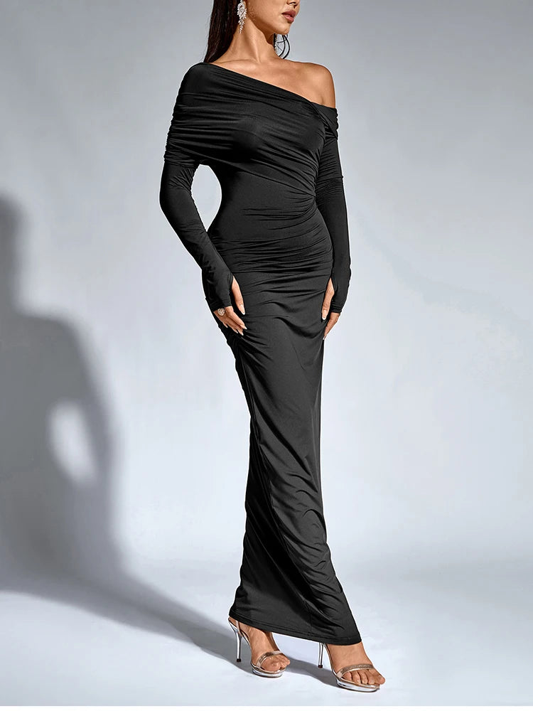 Maxi Dress – One-Shoulder Neck – Bodycon Silhouette – Brown | KIMLUD
