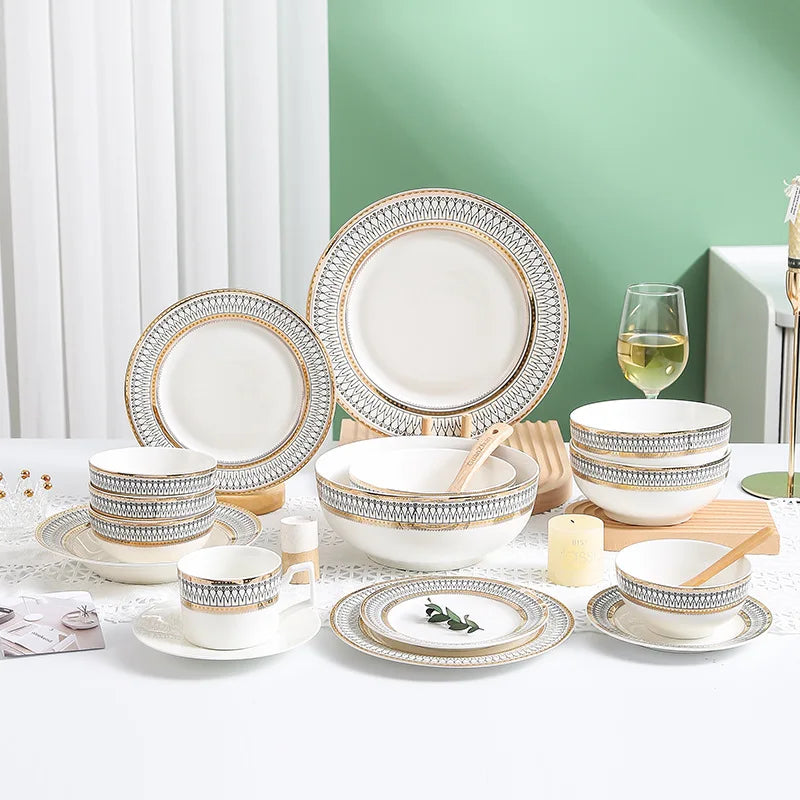 Nordic Bone China Dinner Plates Set Rimmed In Gold — White | KIMLUD