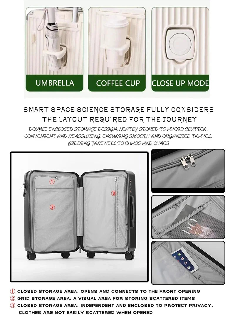 Polycarbonate Carry-On Luggage 20-Inch Lightweight With Cup Holder — Metallic Silver | KIMLUD