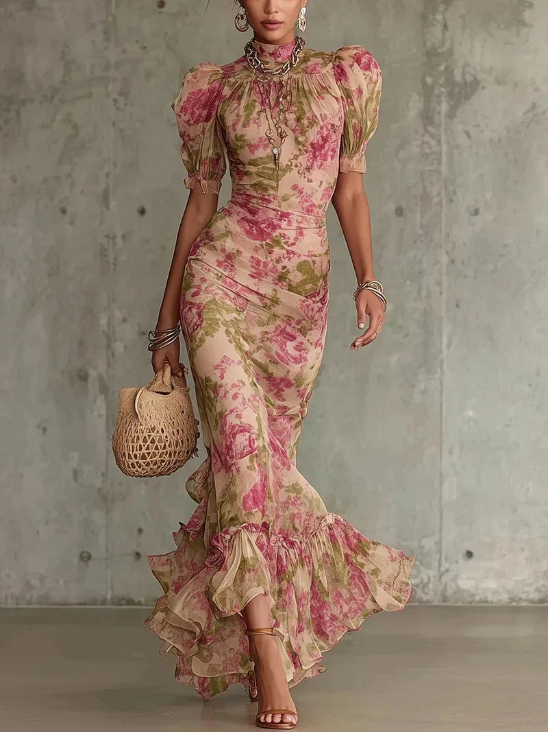 A-Line Floral Polyester Dress Maxi — Beige | KIMLUD