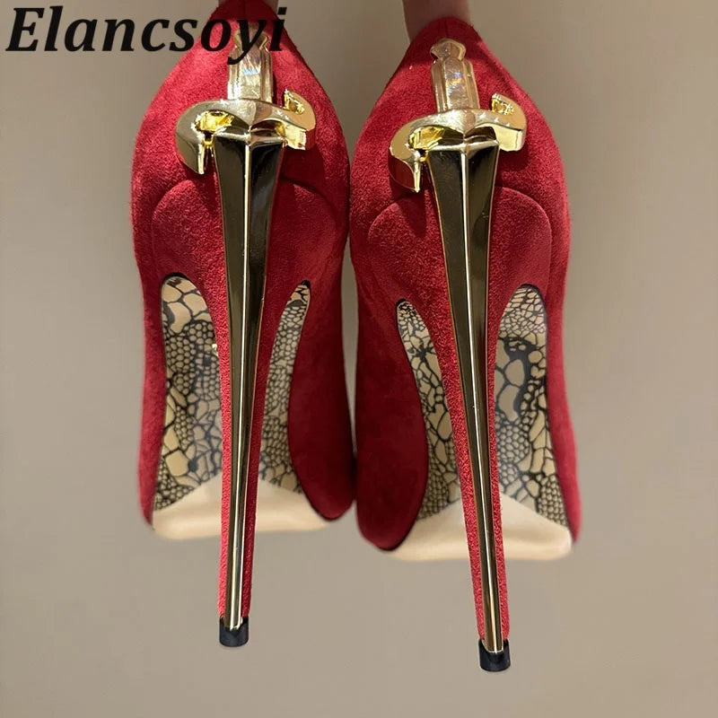 Leather Pumps With Metal High Heels Metal-Embellished Shaft Sculpted Pointed Toe — Gold | KIMLUD