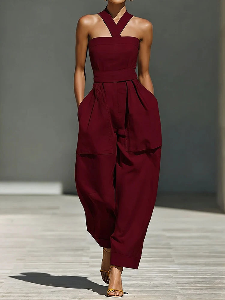 Hollow Patchwork Chic Halter Jumpsuit — Black | KIMLUD