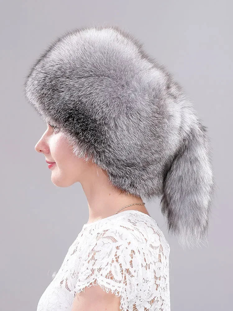 Winter Fur Women Hat with Tail Real Fox Fur Hat Luxury Raccoon Fur Beanies Warm Ear Protect Unisex Bomber Hat Wholesale Bonnets