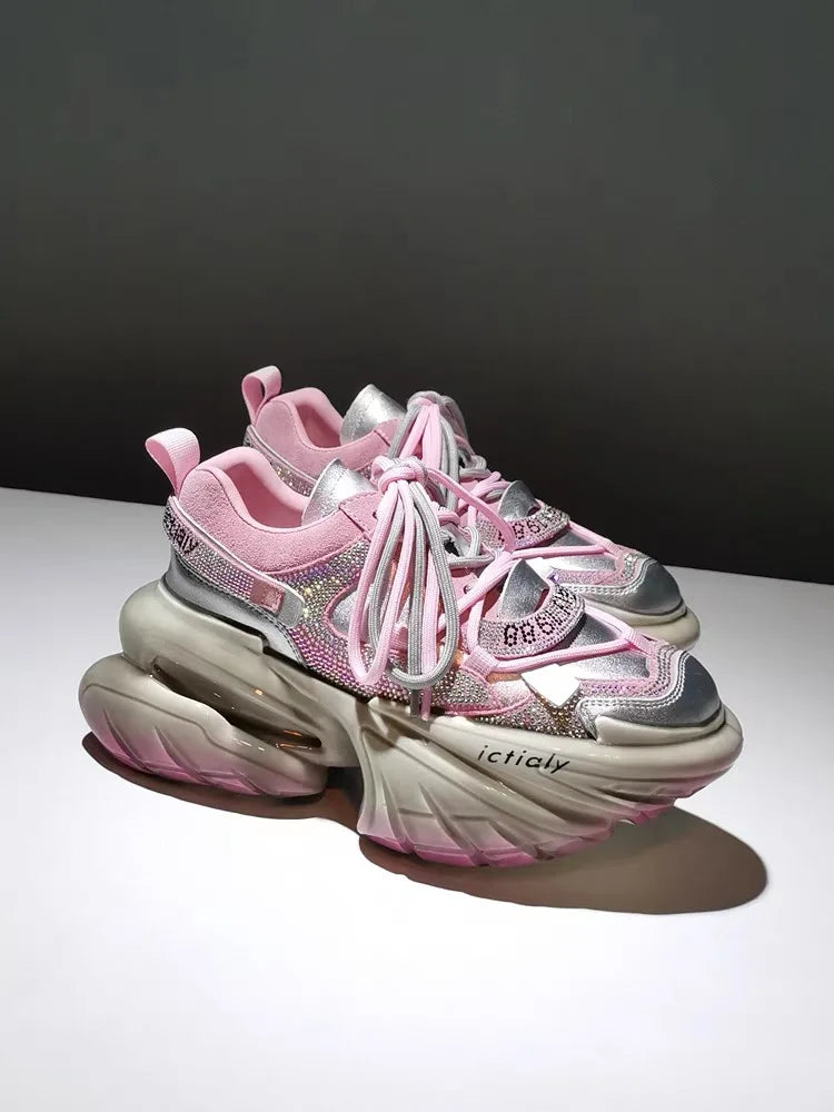 Real Leather Heels Crystal Platform — Soft Pink | KIMLUD