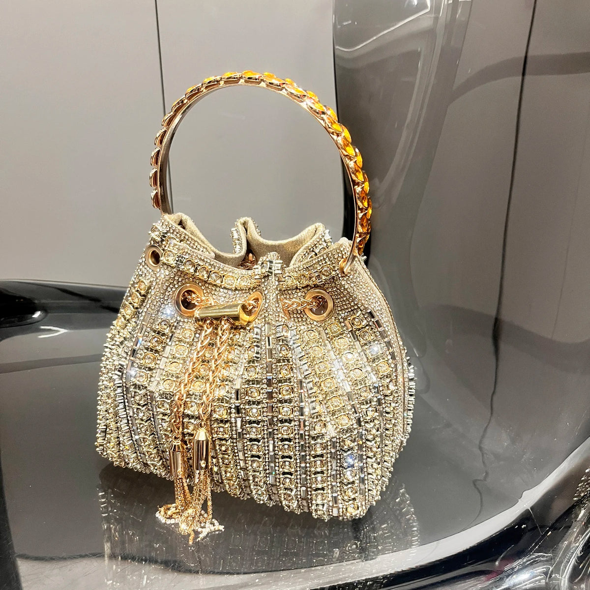 Bucket Bag – Crystal Rhinestone Accent – Polyester | KIMLUD