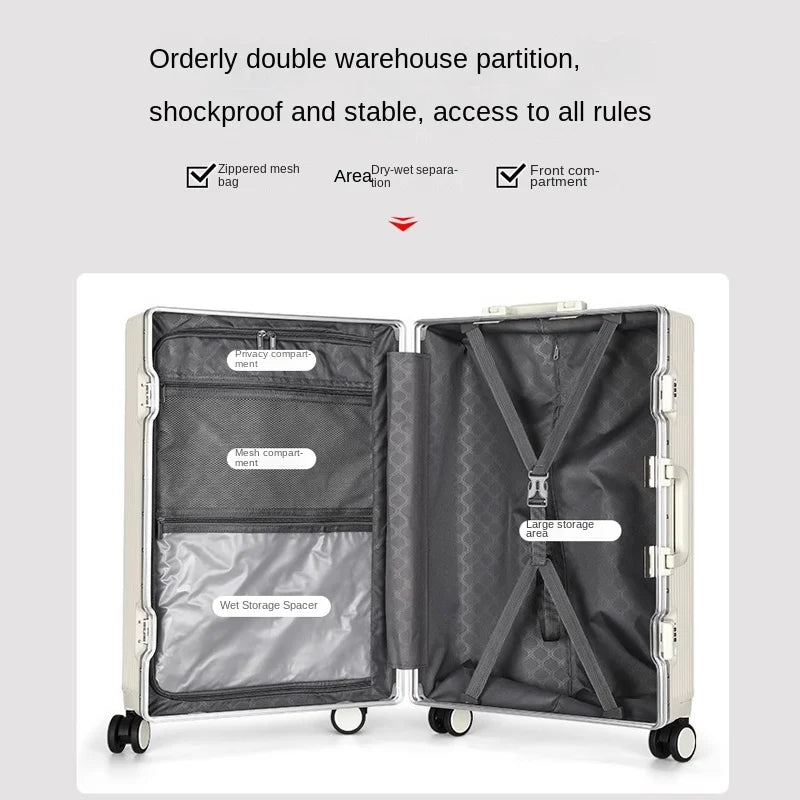 New Suitcase Front Opening Laptop Bag Aluminum  Frame Luggage with USB Port Password Trolley Case Travel Suitcases 20-28 inch