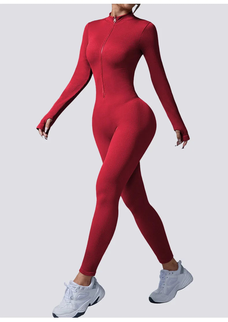 Nylon/Spandex Jumpsuit Half Zip Activewear — Black | KIMLUD