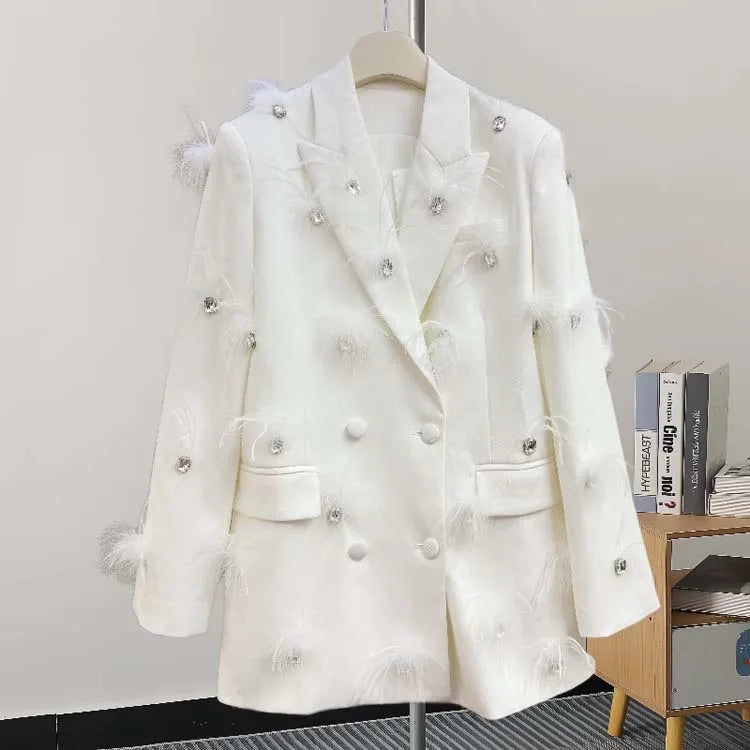 Luxury feather Faux diamond blazer Women 2025 New Double breasted rhinestones jacket High quality Loose Lady suit INKEO 4O089